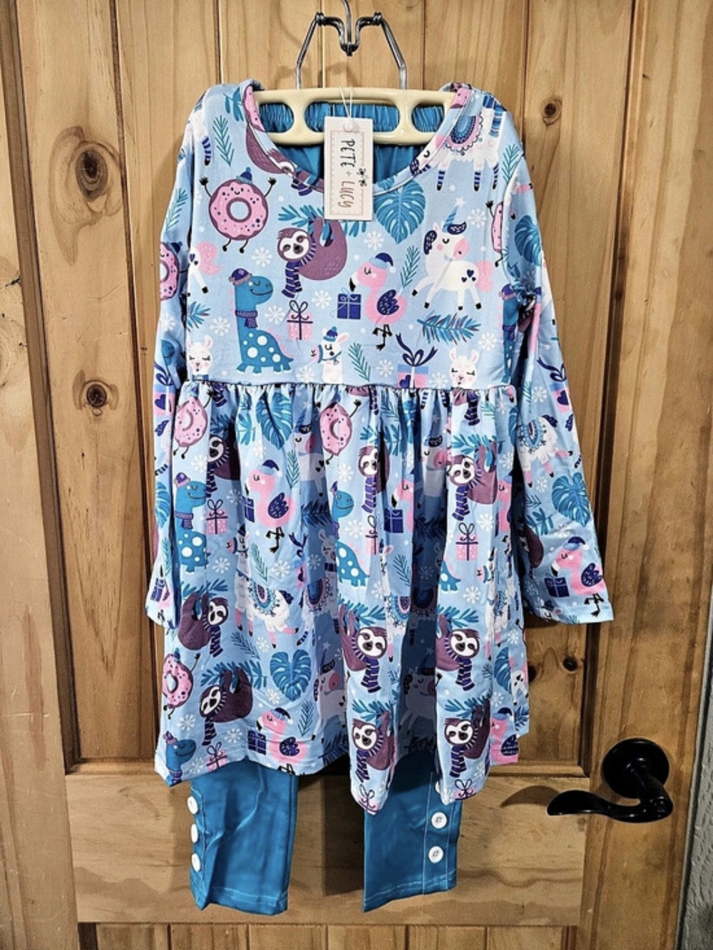 Pete + Lucy Kids Printed Dress & Pants Set in Blue & Pink size 7/8